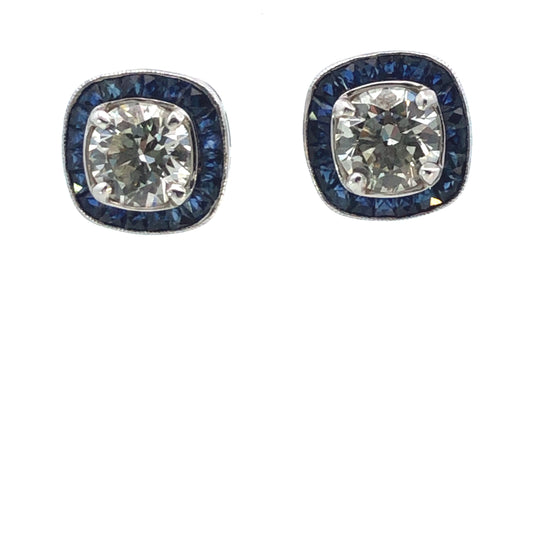 Art Deco Cushion Diamond & Sapphire Halo Stud Earrings (GIA Certified) - 3.00ct CD, 2.45ct