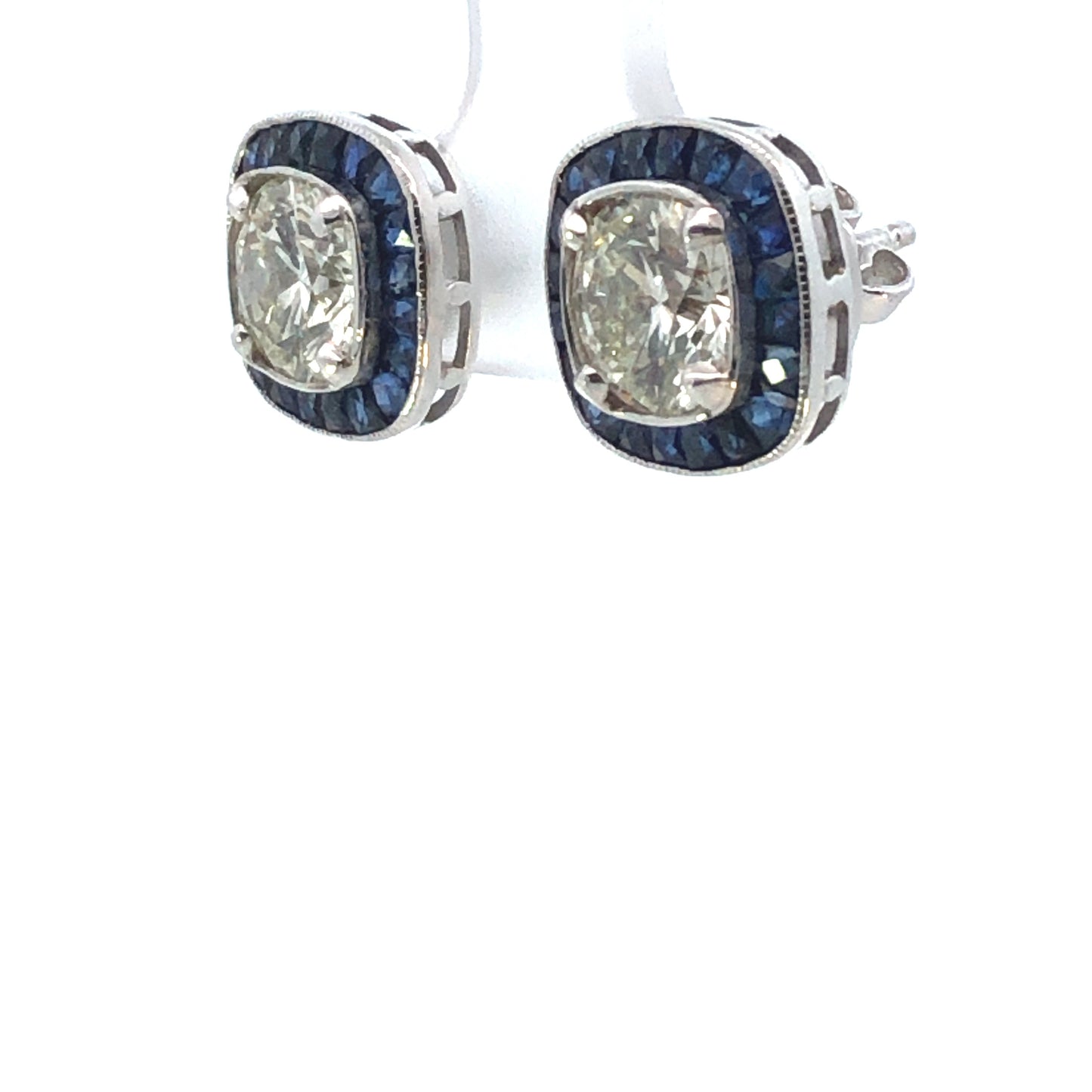 Art Deco Cushion Diamond & Sapphire Halo Stud Earrings (GIA Certified) - 3.00ct CD, 2.45ct
