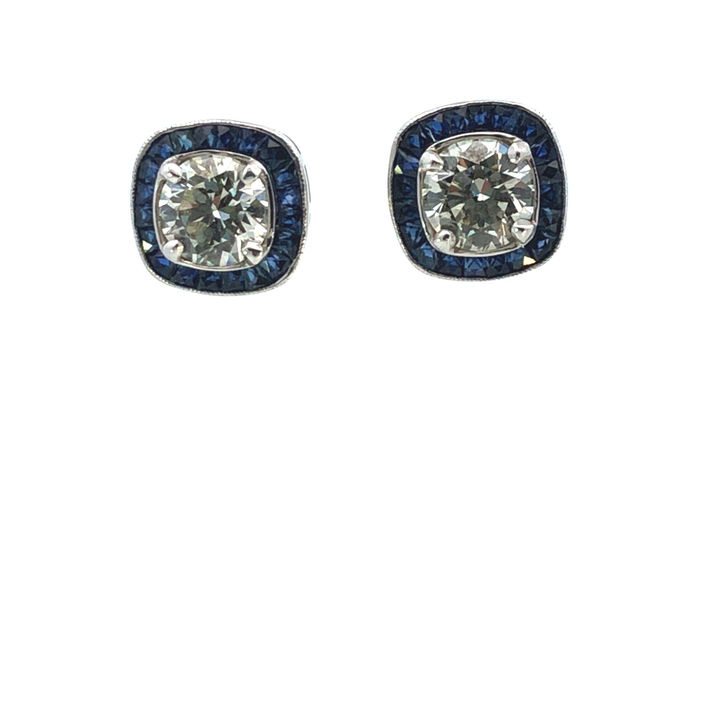 Art Deco Cushion Diamond & Sapphire Halo Stud Earrings (GIA Certified) - 3.00ct CD, 2.45ct