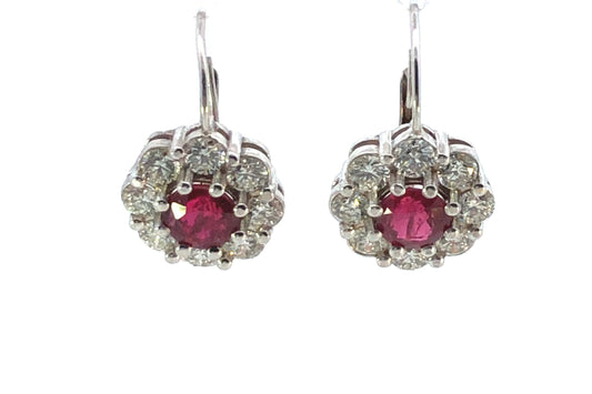 18K White Gold Ruby & Diamond Halo Drop Earrings - 2.33ct Ruby, 2.23ct Diamonds