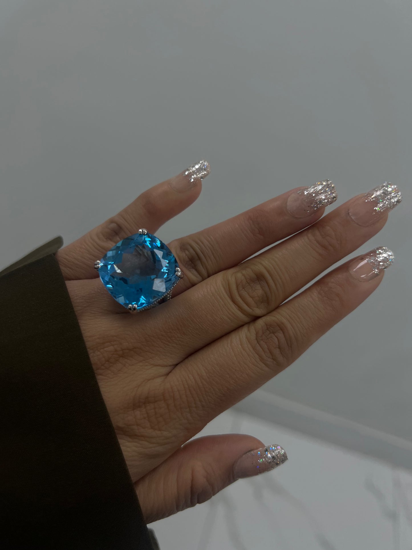 Blue Topaz 52.30 CT & Diamond Cocktail Ring 0.90CT In 14K White Gold