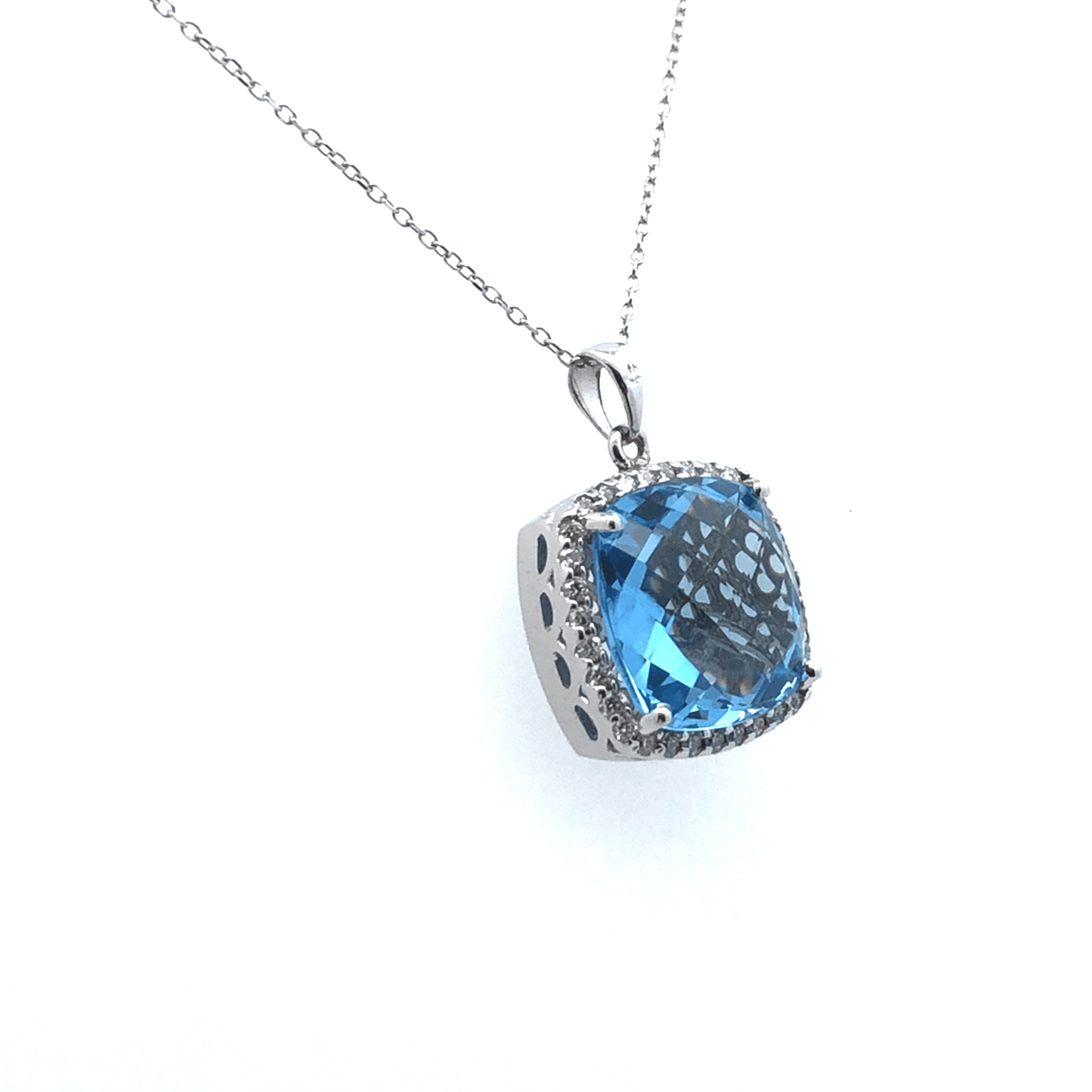 Blue Topaz & Diamond Halo Pendant Necklace