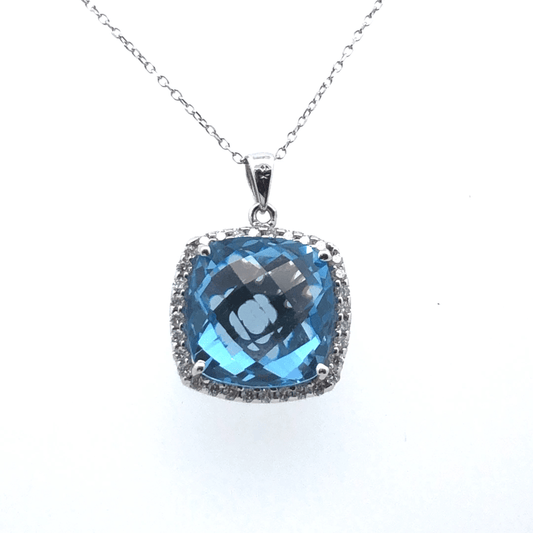 Blue Topaz & Diamond Halo Pendant Necklace