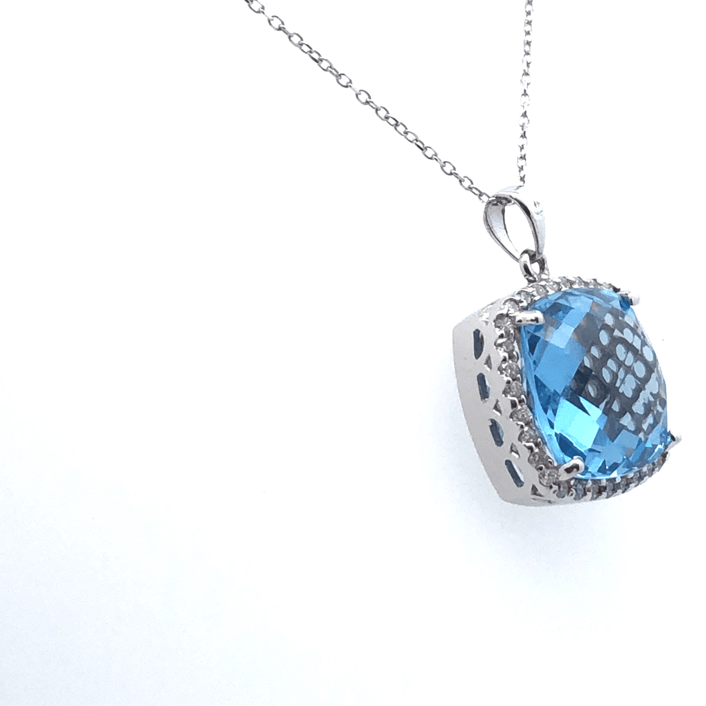 Blue Topaz & Diamond Halo Pendant Necklace