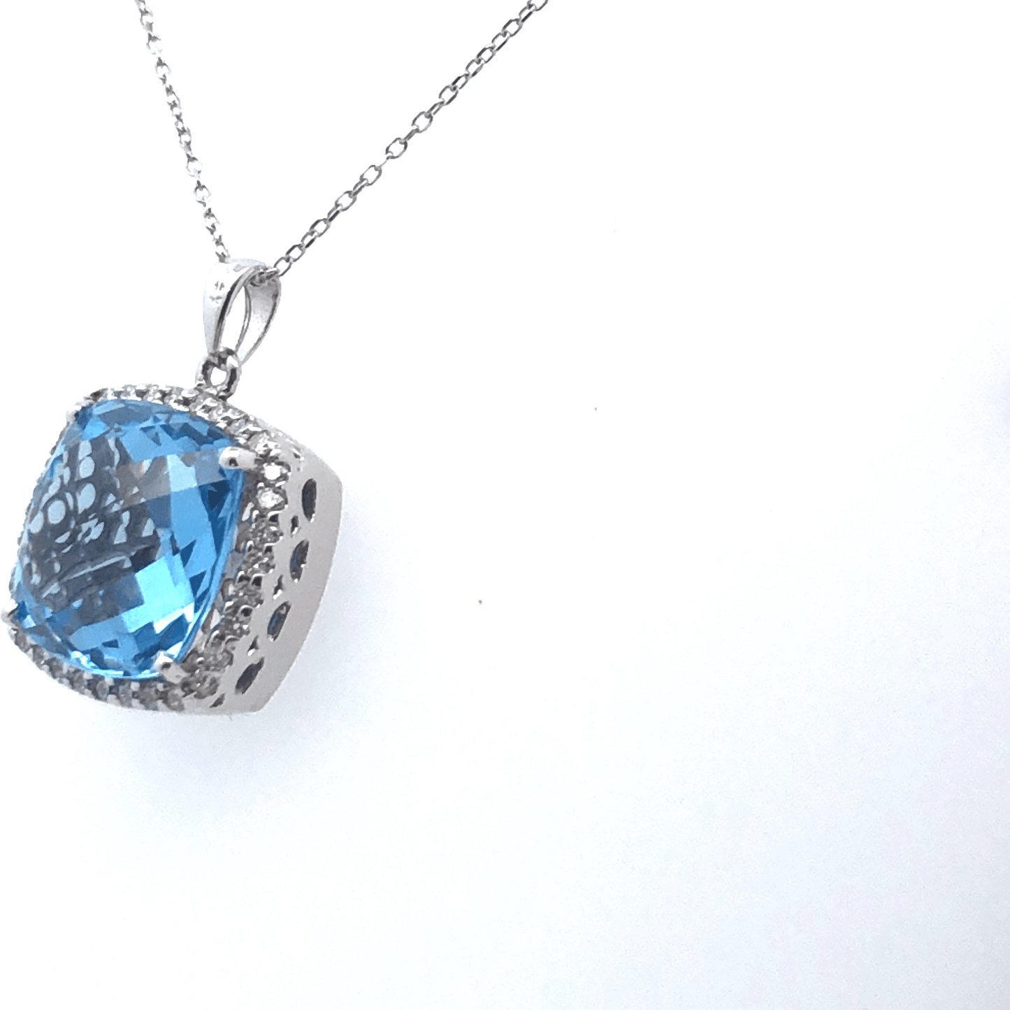 Blue Topaz & Diamond Halo Pendant Necklace