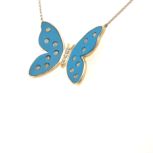 Butterfly Bliss Necklace- 14K Yellow Gold | 0.14 ct Diamonds | Blue Opal Inlay