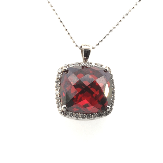 Magnificent 14K White Gold Cushion-Cut Garnet and Diamond Halo Pendant (15.93 ct Garnet)
