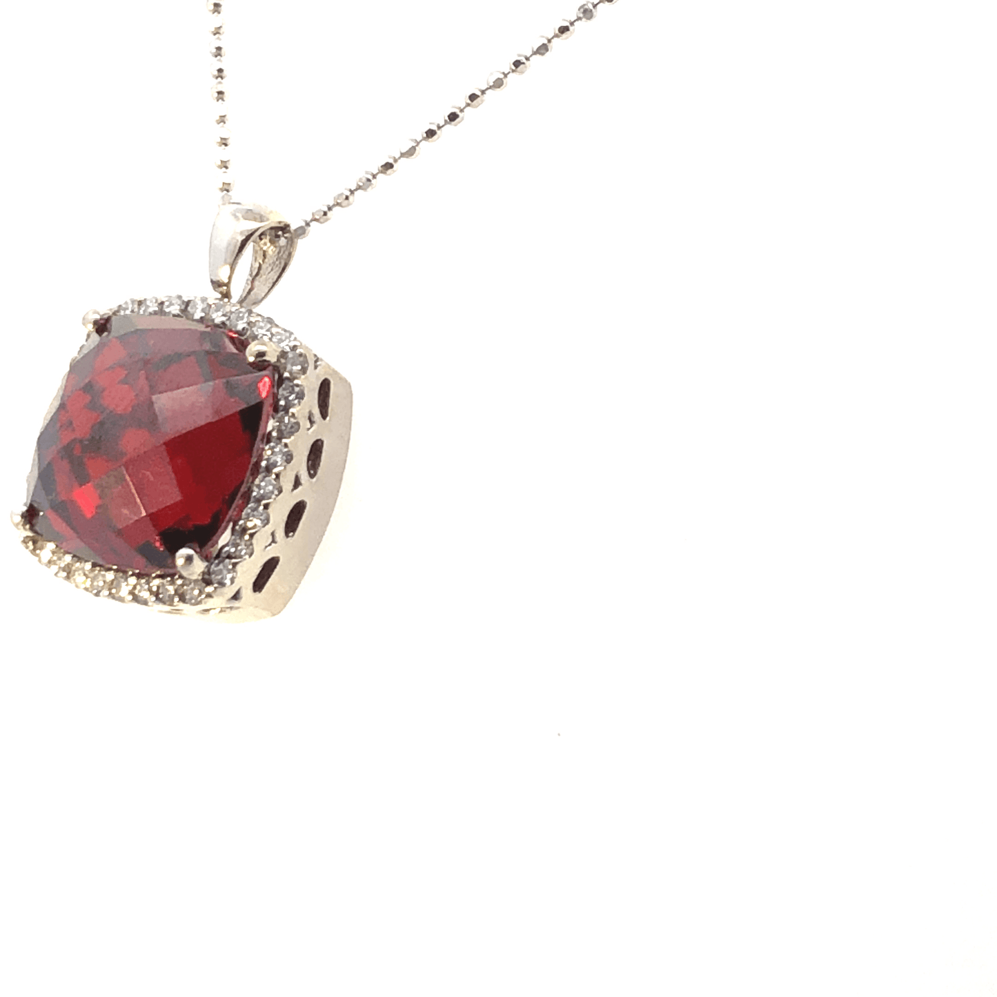 Magnificent 14K White Gold Cushion-Cut Garnet and Diamond Halo Pendant (15.93 ct Garnet)