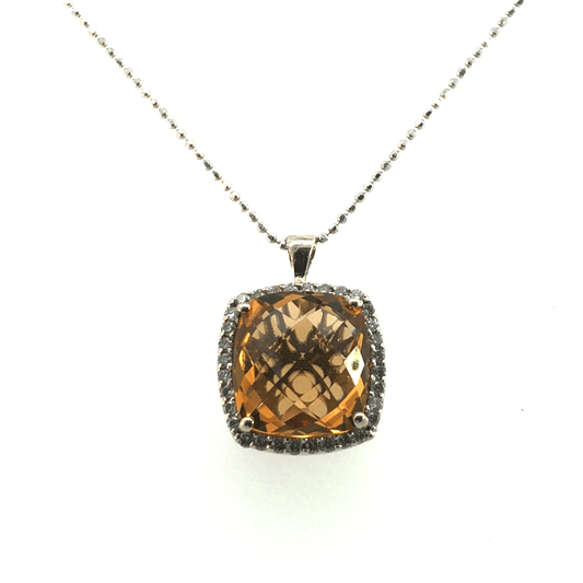 Golden Glow Citrine & Diamond Halo Pendant – 14K White Gold