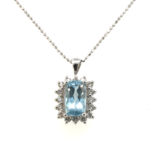 Elegant Aquamarine & Diamond Halo Pendant Necklace – 14K White Gold