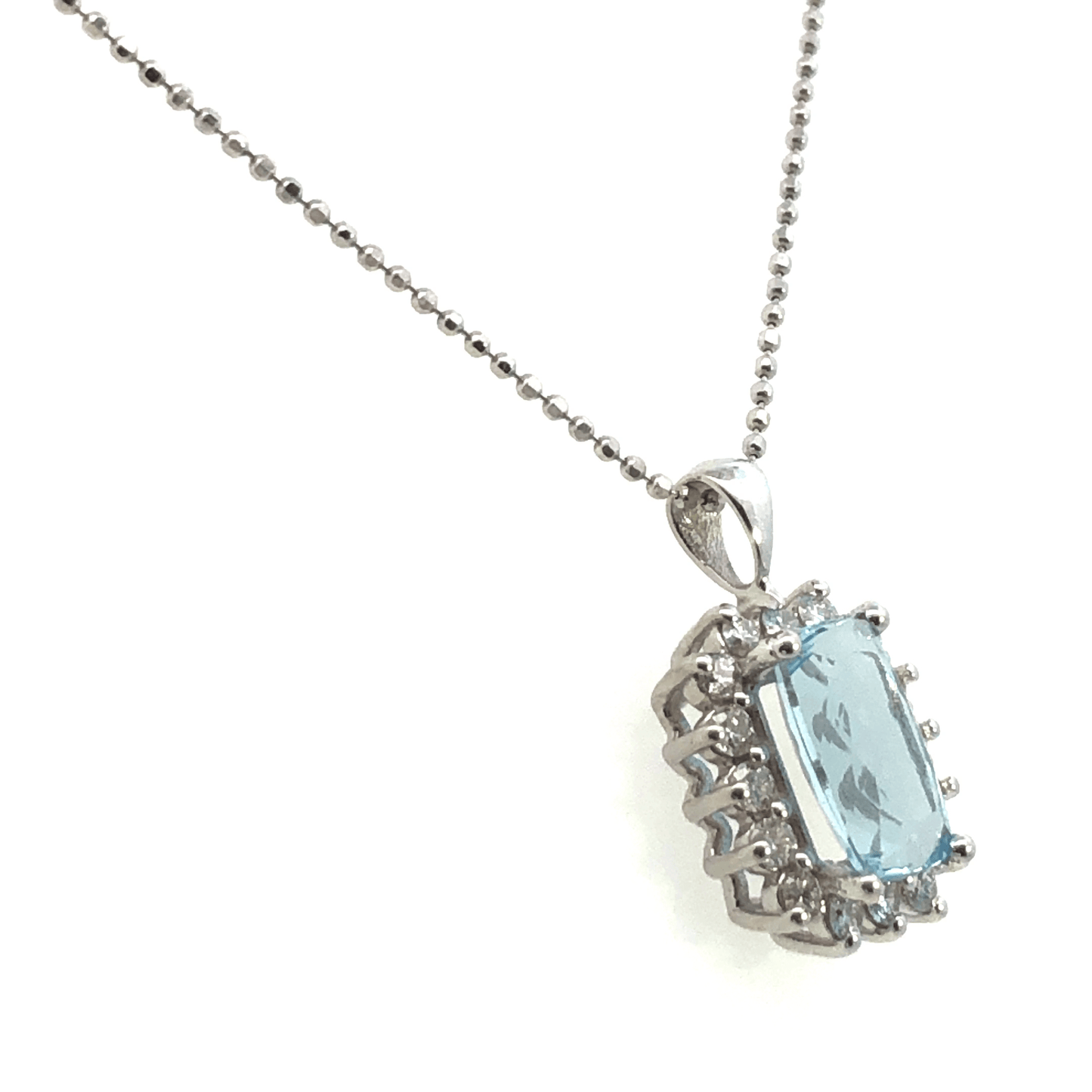 Elegant Aquamarine & Diamond Halo Pendant Necklace – 14K White Gold