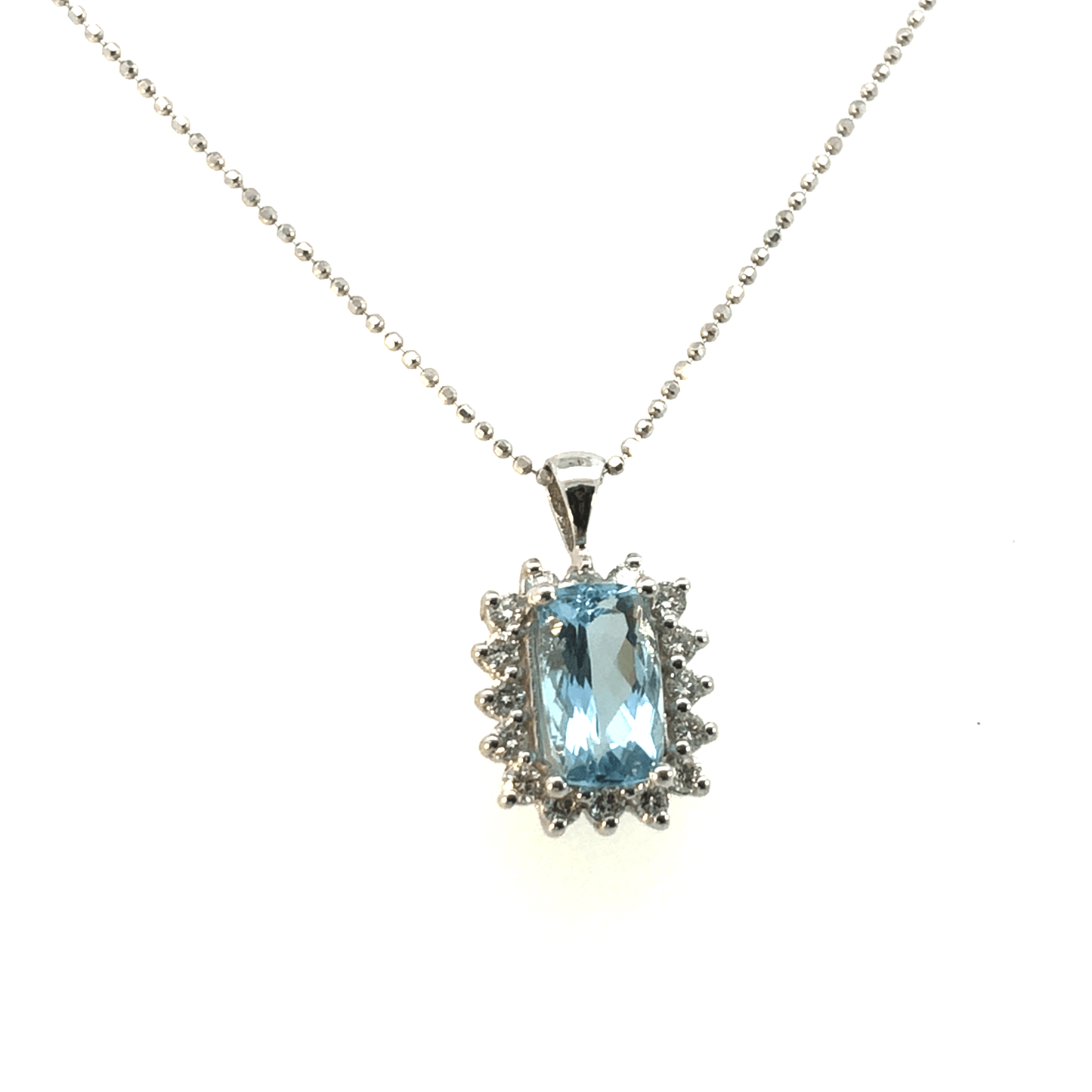 Elegant Aquamarine & Diamond Halo Pendant Necklace – 14K White Gold