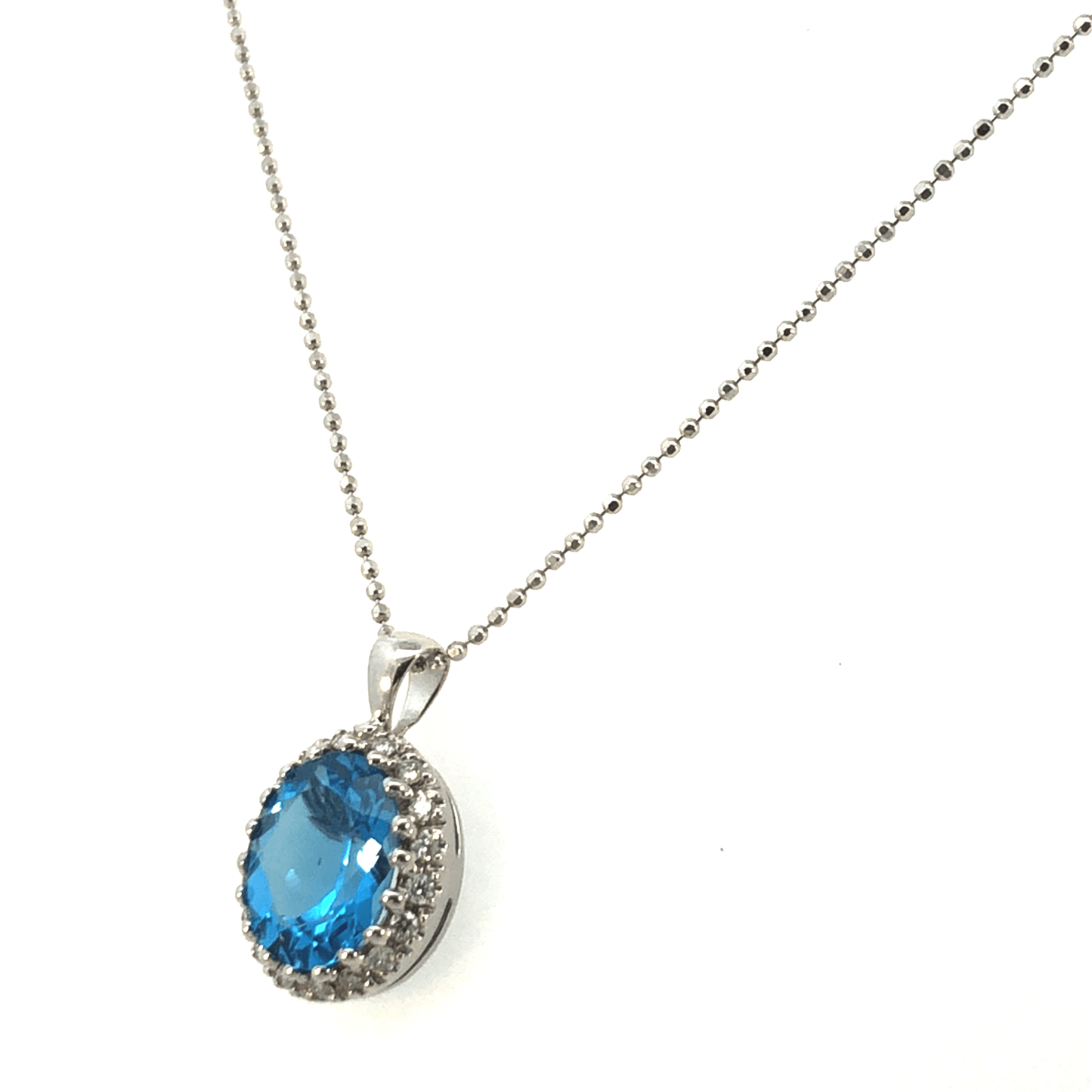 Ocean Spark Oval Blue Topaz & Diamond Halo Pendant – 14K White Gold