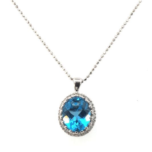 Ocean Spark Oval Blue Topaz & Diamond Halo Pendant – 14K White Gold