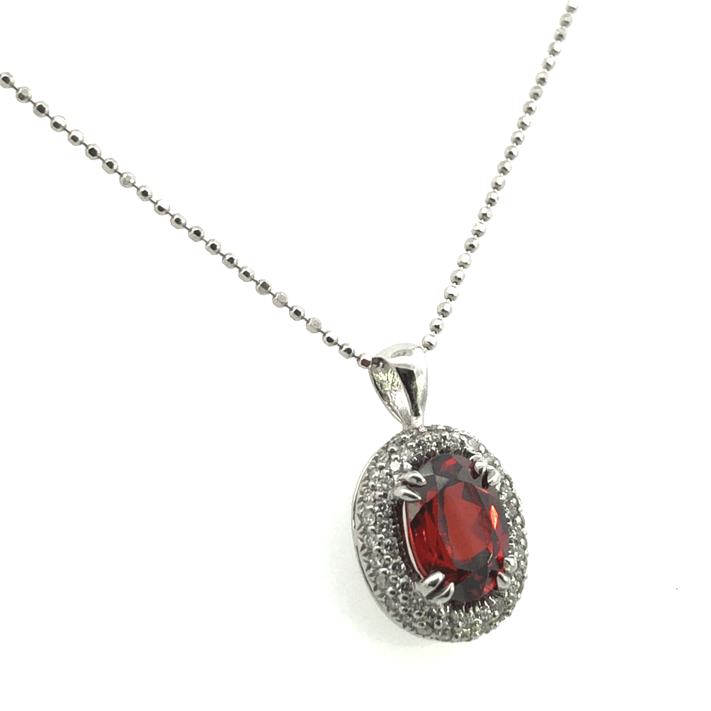 Dazzling 14K White Gold Oval Red Garnet and Diamond Halo Pendant