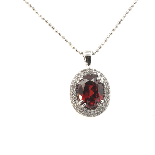 Dazzling 14K White Gold Oval Red Garnet and Diamond Halo Pendant