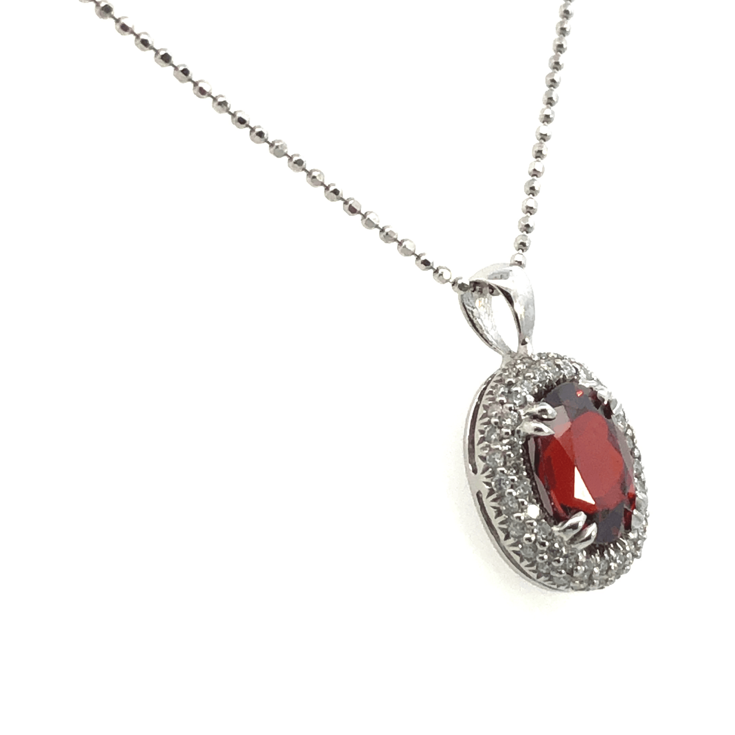 Dazzling 14K White Gold Oval Red Garnet and Diamond Halo Pendant