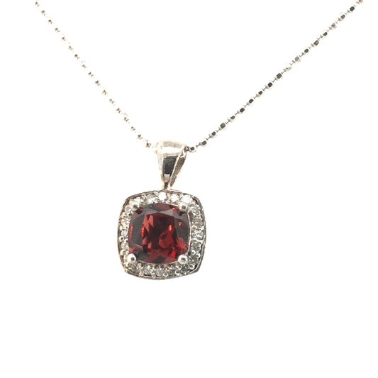 Elegant 14K White Gold Cushion-Cut Red Garnet and Diamond Pendant