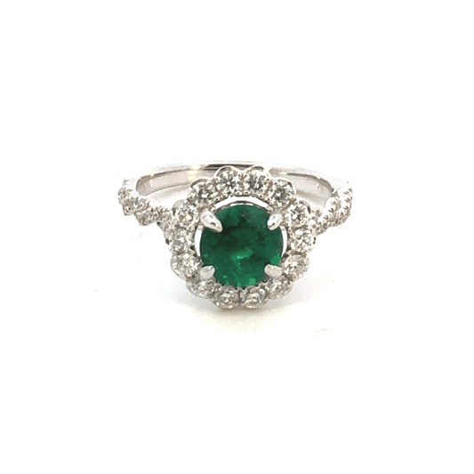 18K White Gold Emerald Halo Ring - 1.35ct Emerald Center, 0.61ct Diamond Halo