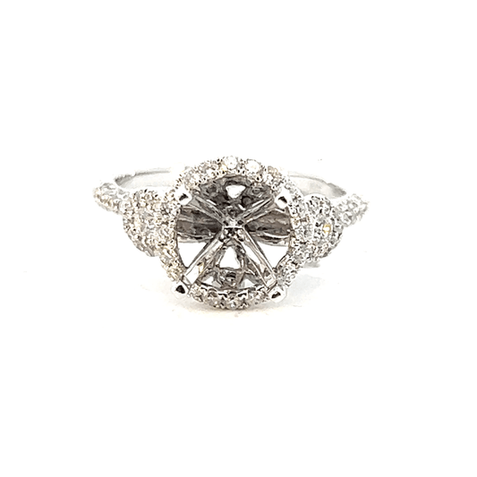 18K White Gold Three-Stone Diamond Halo Engagement Ring Setting – 0.73CT