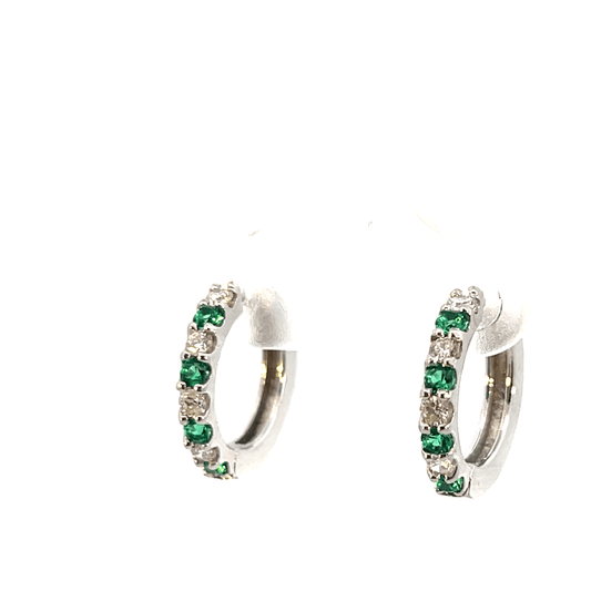 Elegant Green Stone Hoop Earrings – D 0.25 CT & EM 0.23 CT in 14K White Gold SKU: DH0972