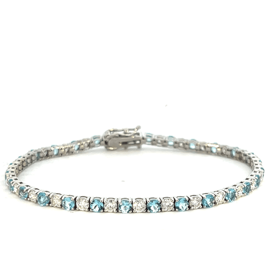 Aquamarine & Diamond Tennis Bracelet in 14K White Gold – 6.45 CTW